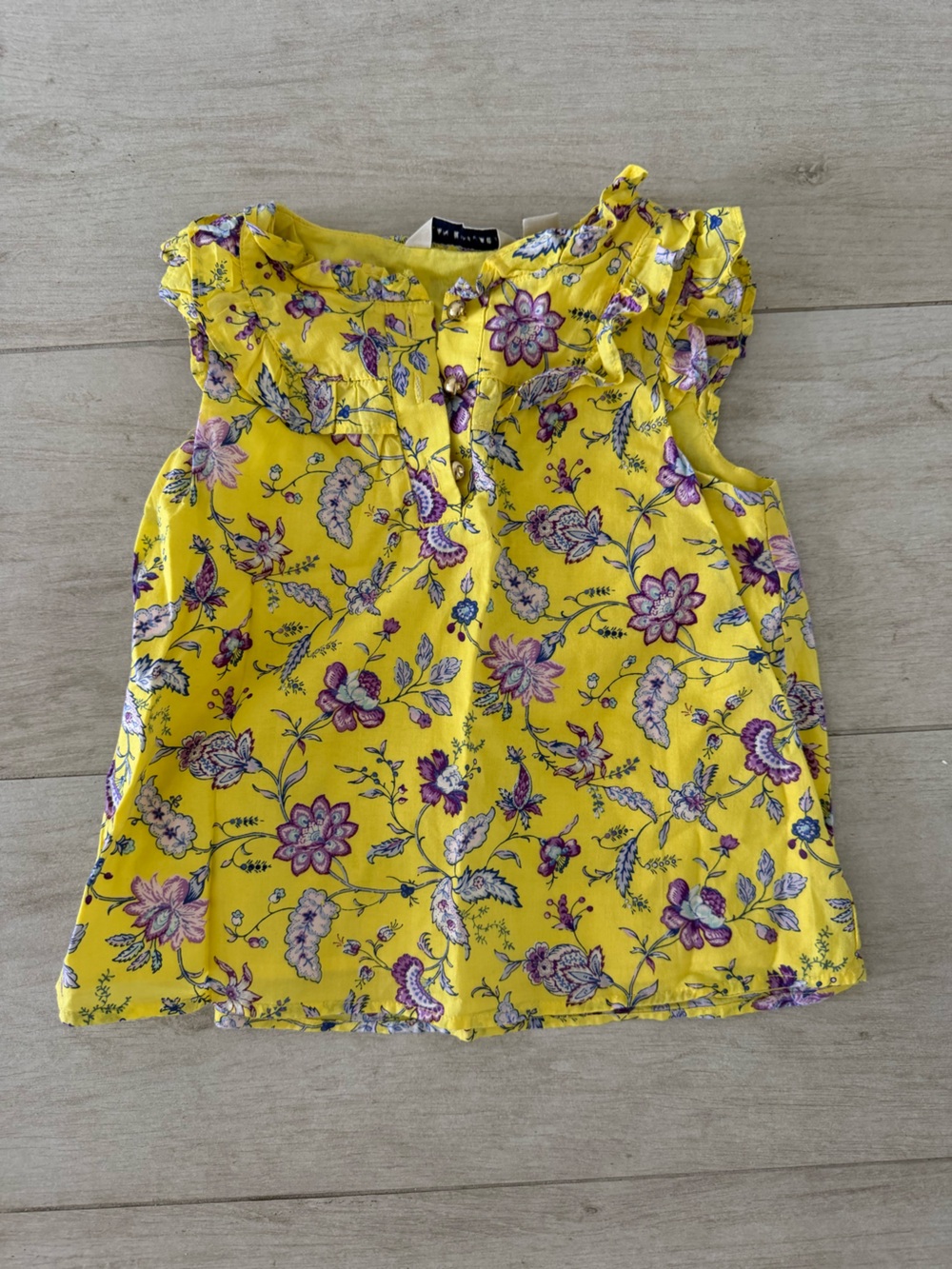 Janie and Jack Yellow Floral Ruffle Sleeve Top Gold Buttons Size 4